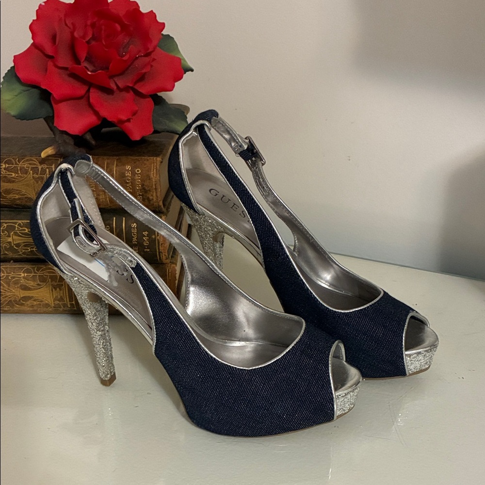 GUESS Denim and Silver Sparkle Peep Toe Heels Size 7 1/2